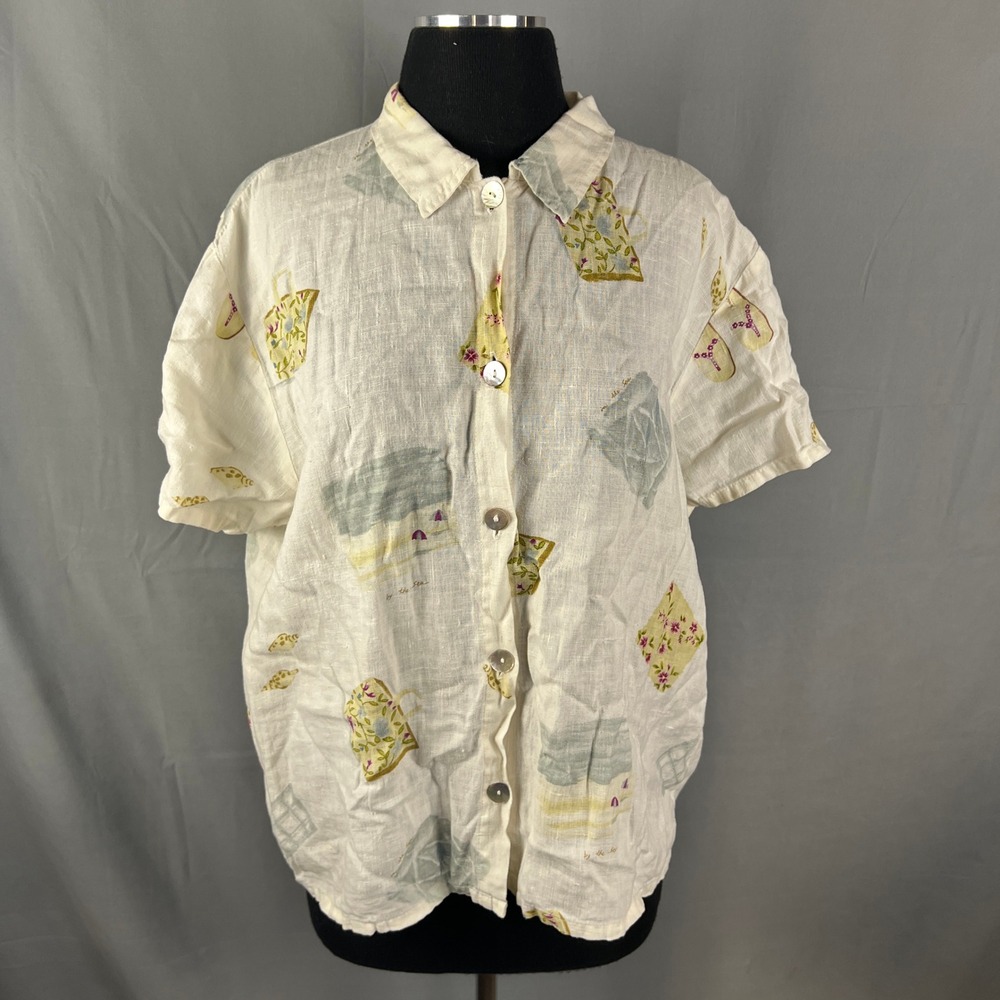 Hot Cotton By Marc Ware Shirt Womens M White Linen Blend Leaf Print Button Up